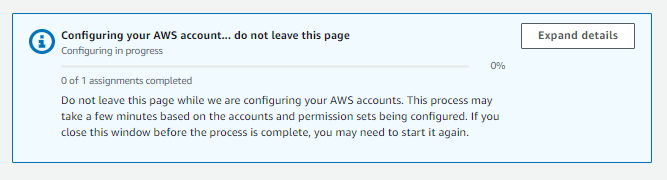 "Configuration progress screen for AWS account setup, showing 0% completion with instructions not to leave the page."