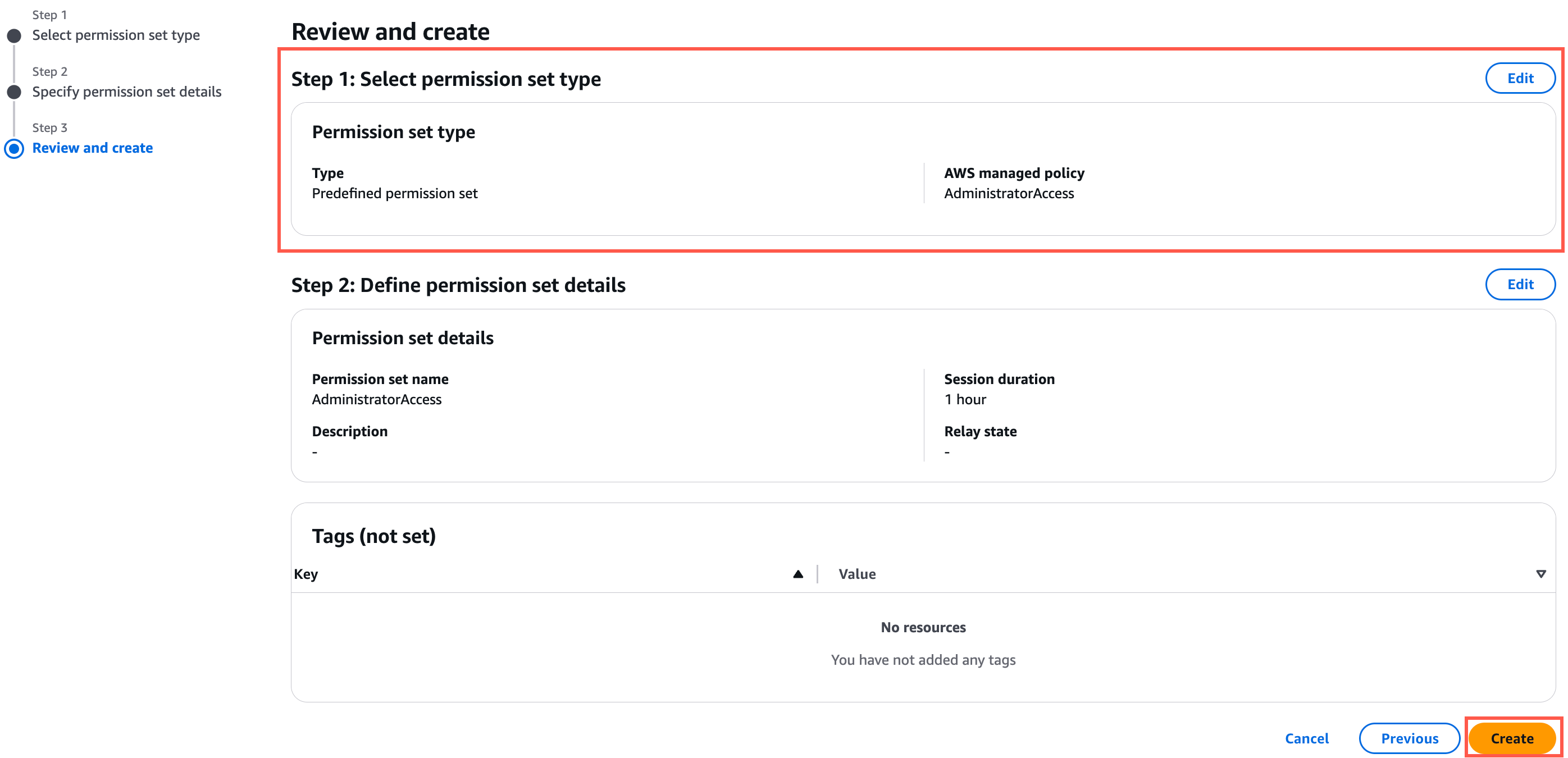 Alt-text: AWS console screen showing "Review and create" step for setting permissions, with predefined permission set "AdministratorAccess" and session duration of 1 hour.