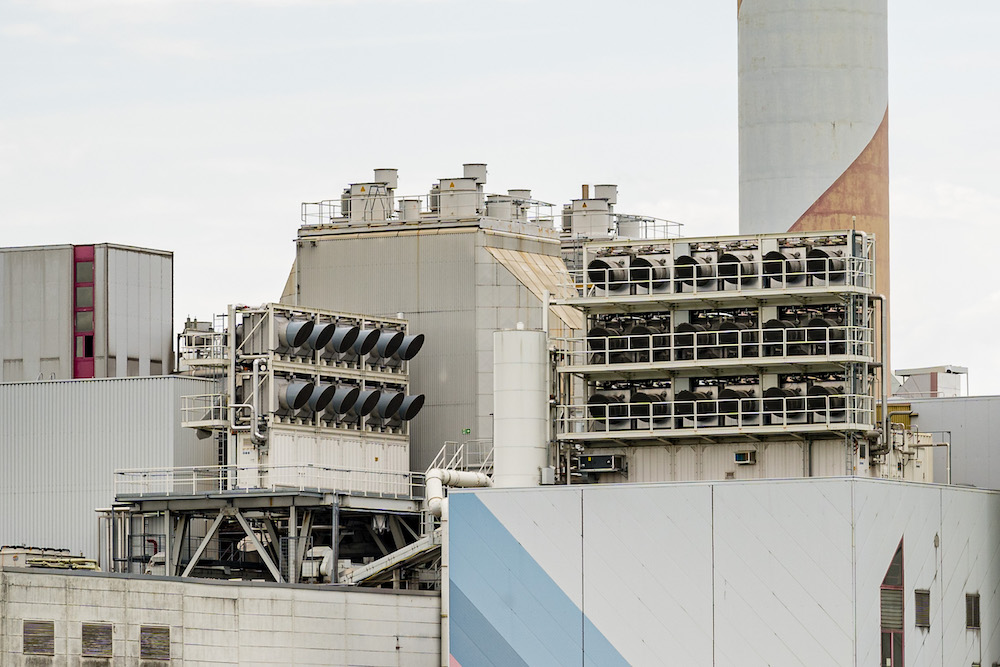Image of carbon capture technology which uses filters to remove the green house gas carbon dioxide from the atmosphere. The big fans suck in air from the atmosphere and take out the green house gas carbon dioxide which is responsible for global warming and the climate crisis.